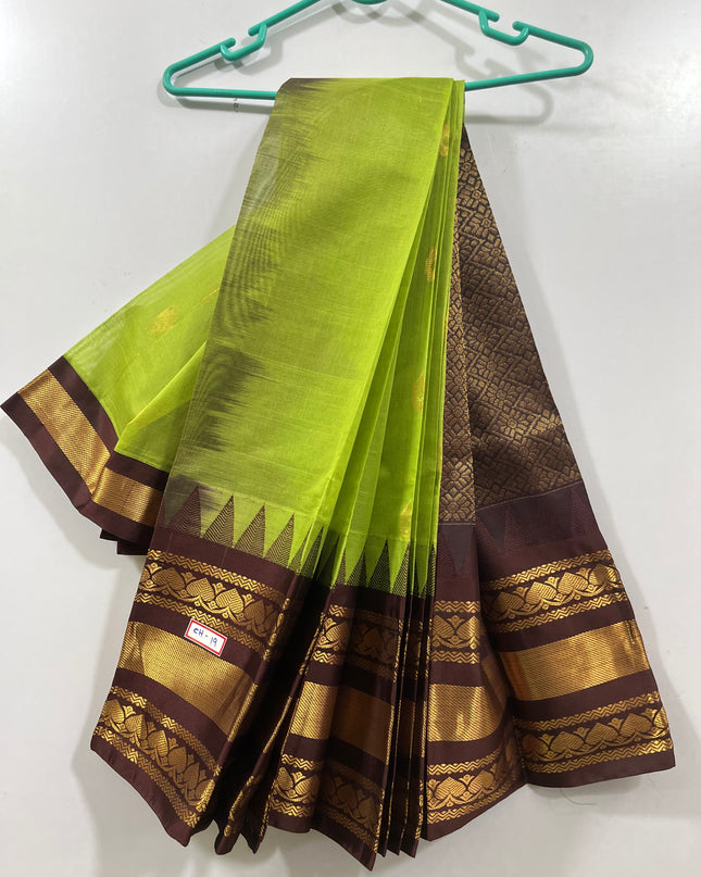 One Side Border Gadwal Handloom Cotton Saree with Green & Chocolate Border