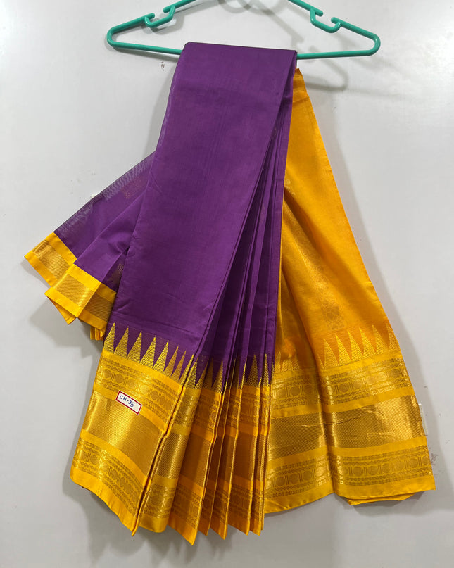 One Side Border Gadwal Handloom Cotton Saree with Pink & Yellow Border