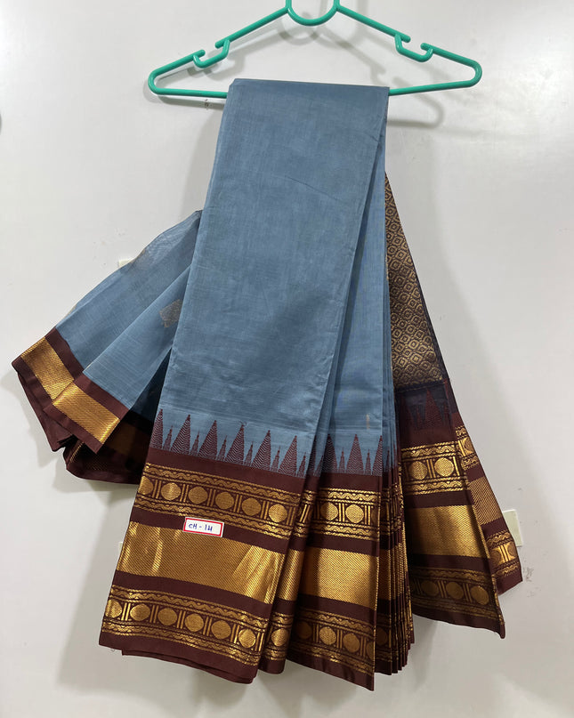 One Side Border Gadwal Handloom Cotton Saree with Gray & Chocolate Border