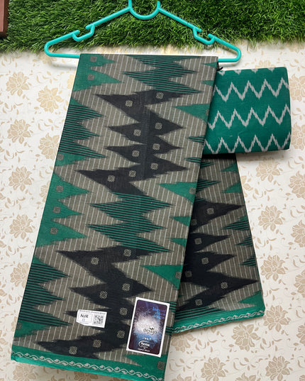 Meena Cotton Saree with Lux Green and Gray Colour