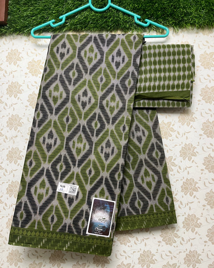 Meena Cotton Saree with Green and Gray Colour
