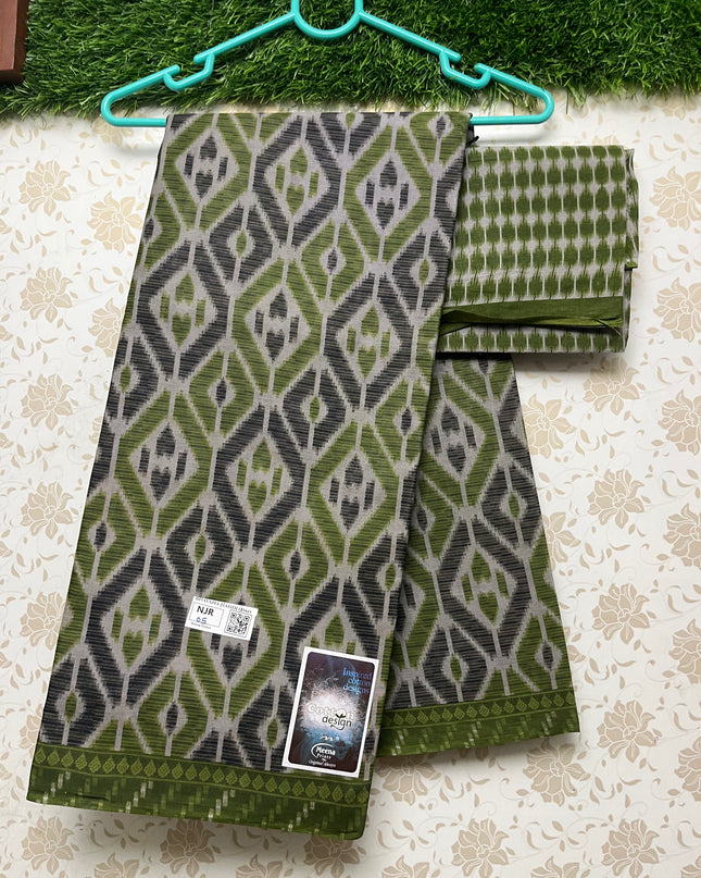 Meena Cotton Saree with Green and Gray Colour