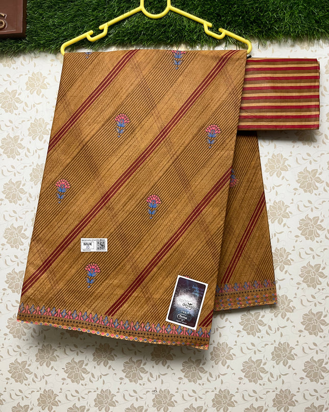 Meena Cotton Saree Cross Design with Brown Colour