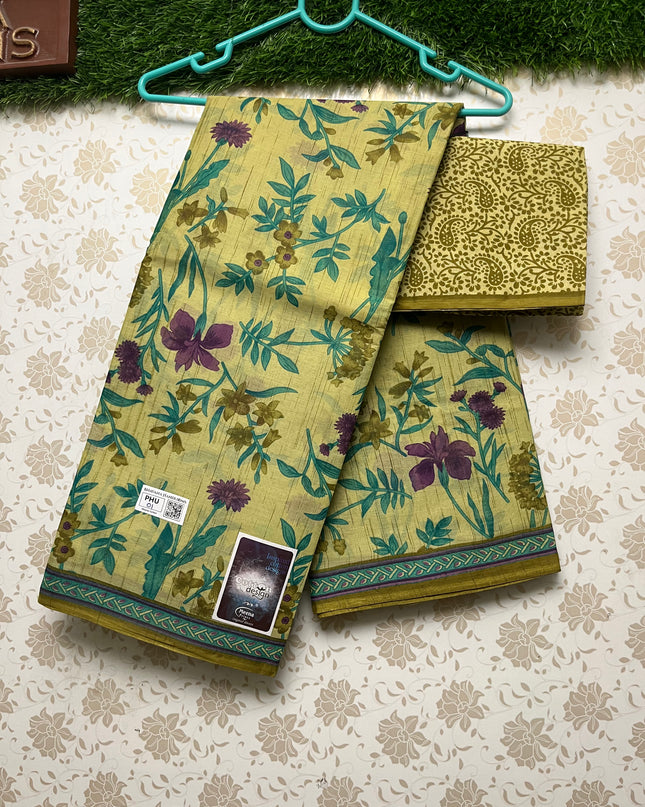Meena Cotton Saree with Light Yellow Colour