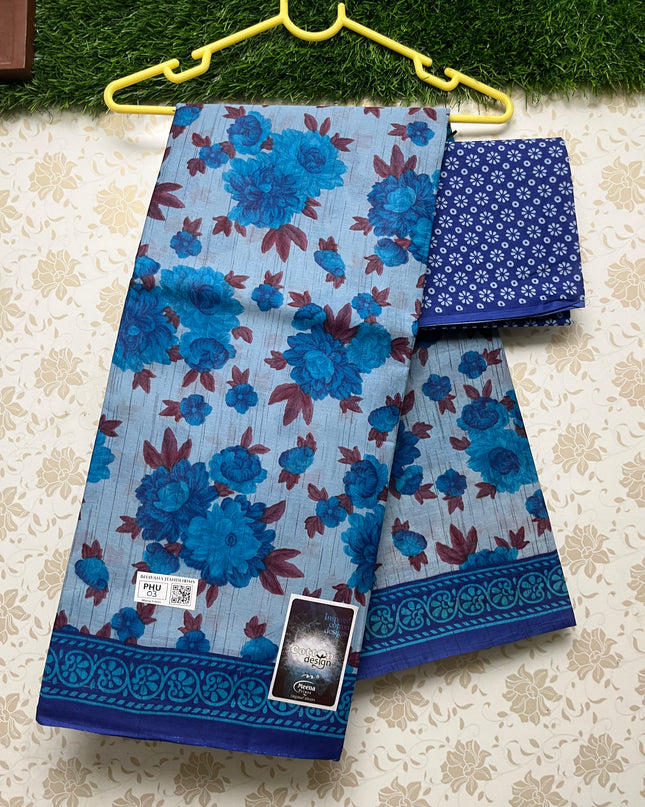 Meena Cotton Saree with Sky Blue Colour