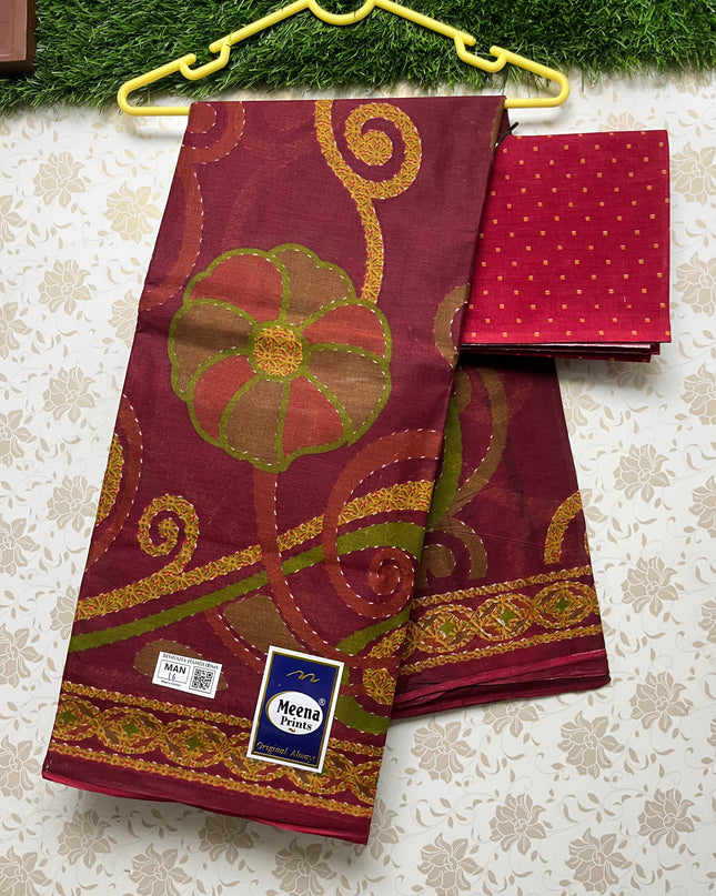 Meena Cotton Saree with Maroon Colour
