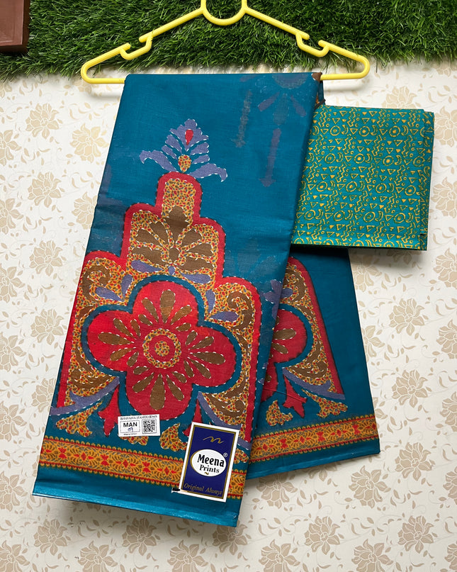 Meena Cotton Saree with Ram Blue Colour