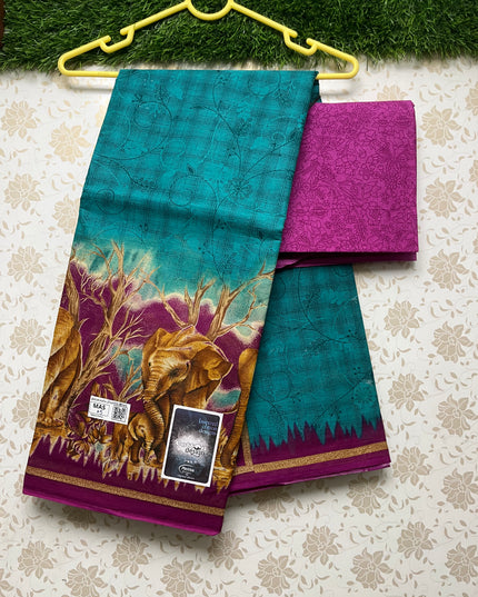 Meena Cotton Saree with Sea Blue  Colour