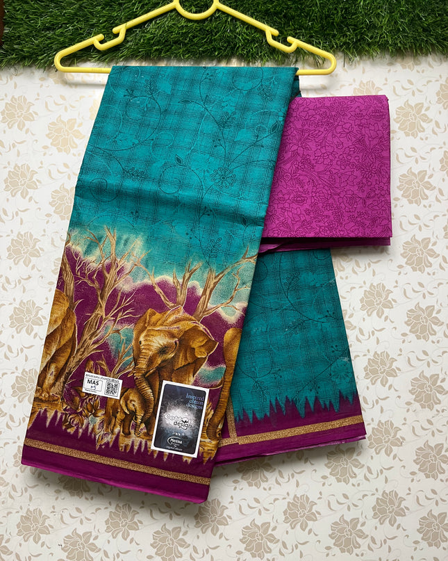 Meena Cotton Saree with Sea Blue  Colour