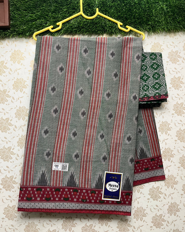 Meena Cotton Saree with Gray & Red Colour
