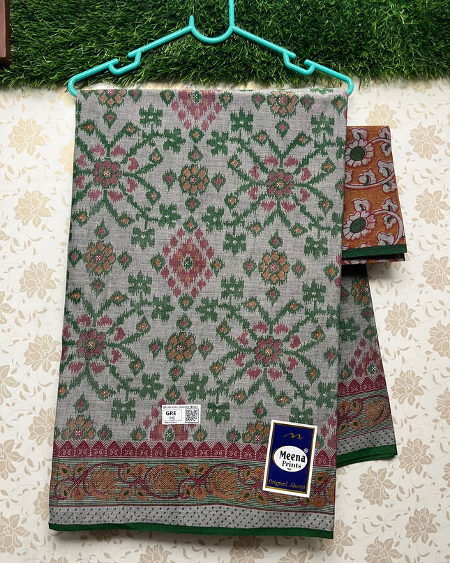 Meena Cotton Saree with Gray & green Colour