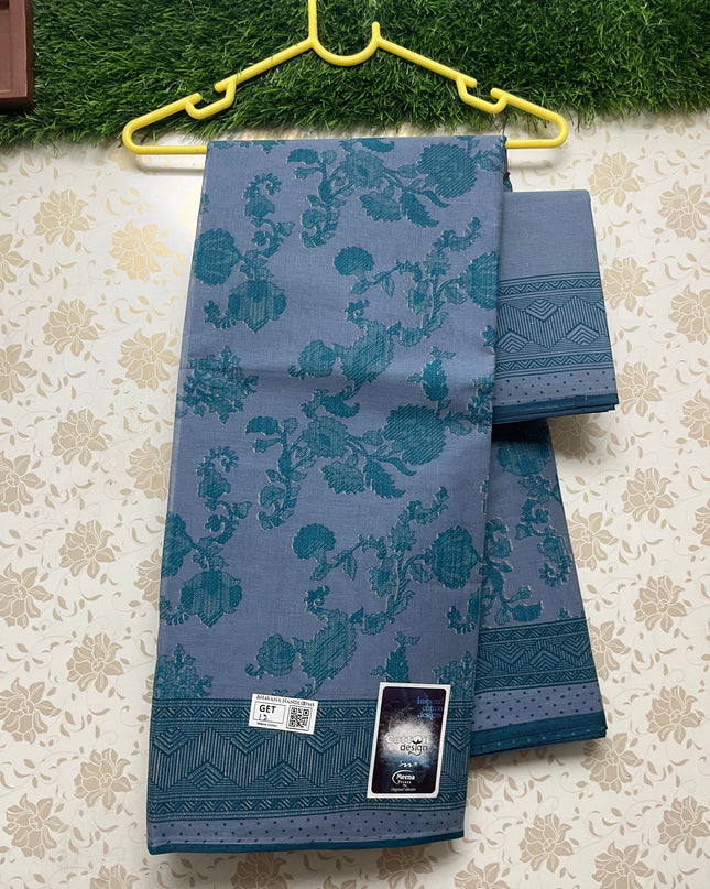 Meena Cotton Saree with Sea Blue Colour