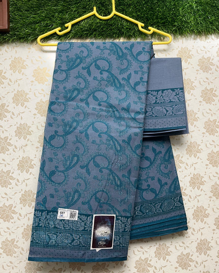 Meena Cotton Saree with Sea Blue Colour