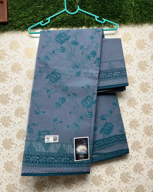 Meena Cotton Saree with Sea Blue Colour