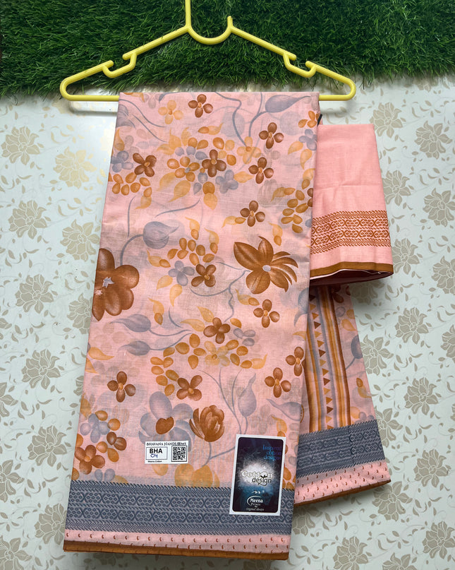 Meena Cotton Saree with Light Orange Colour