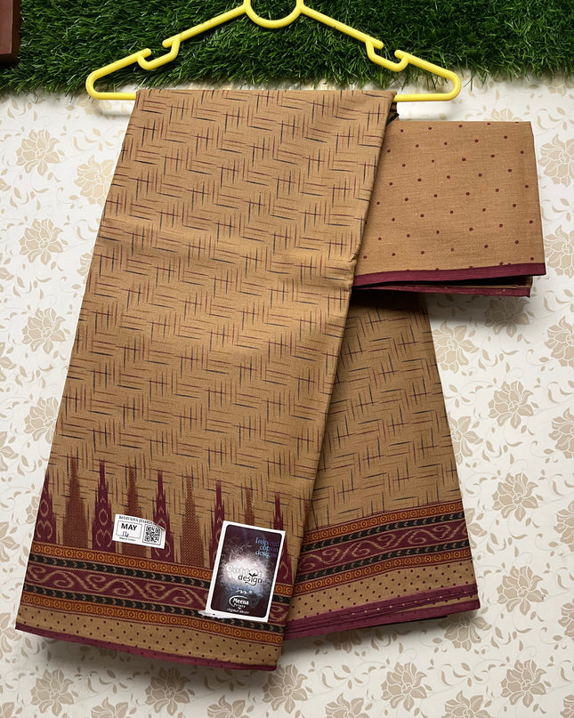 Meena Cotton Saree with Temple Border Brown Colour