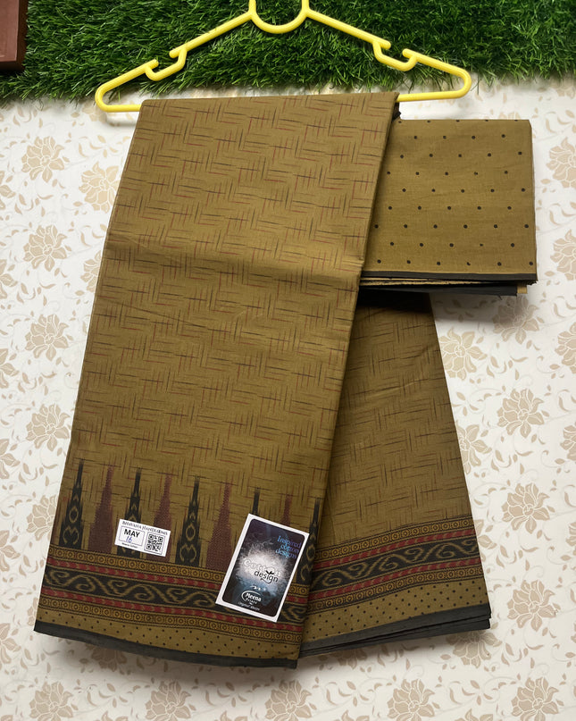 Meena Cotton Saree with Temple Border Sapota Colour