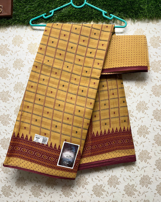Meena Cotton Saree with Temple Border Light Yellow Colour