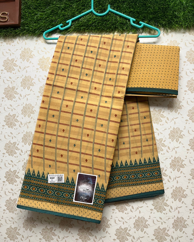 Meena Cotton Saree with Temple Border Light Orange Colour