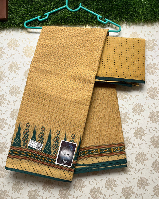 Meena Cotton Saree with Temple Border Light Yellow Colour