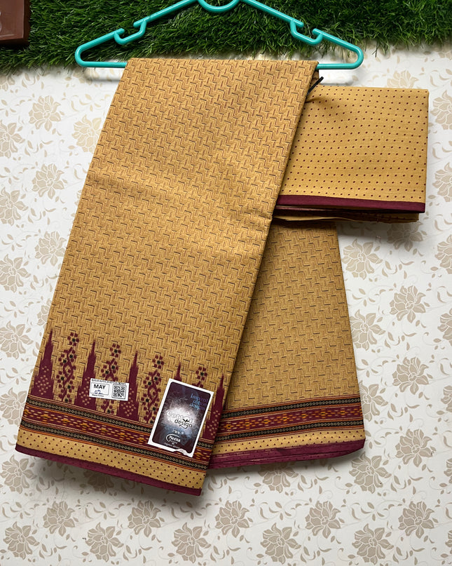 Meena Cotton Saree with Temple Border Brown Colour