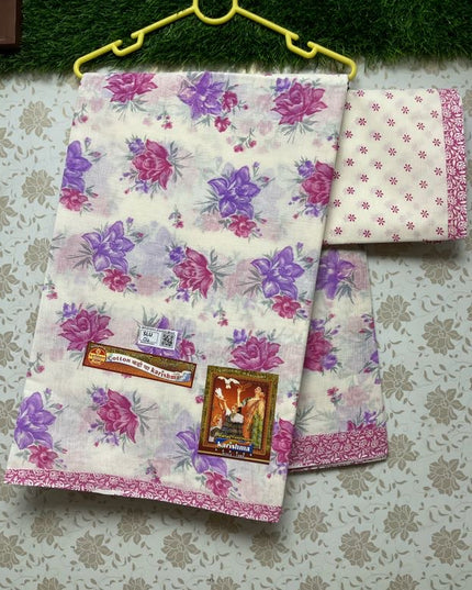 Karishma Cotton Saree White With Violet Colour
