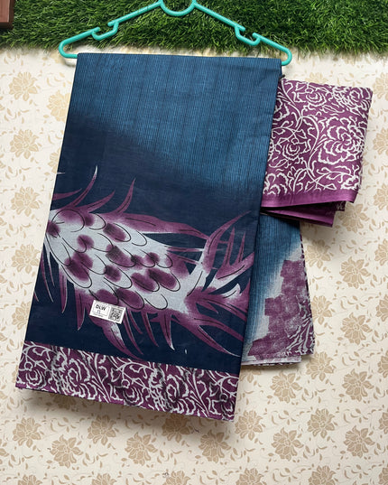 Daily Wear Printed Cotton Saree with Sea Blue Colour