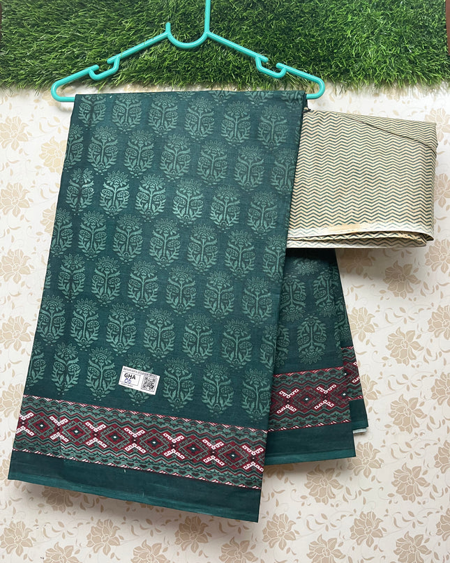 Daily Wear Printed Cotton Saree with Green Colour