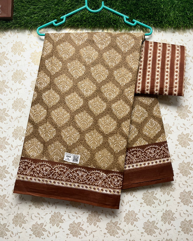 Daily Wear Printed Cotton Saree with Biscuit  Colour
