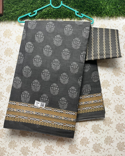 Daily Wear Printed Cotton Saree with Charcoal Colour