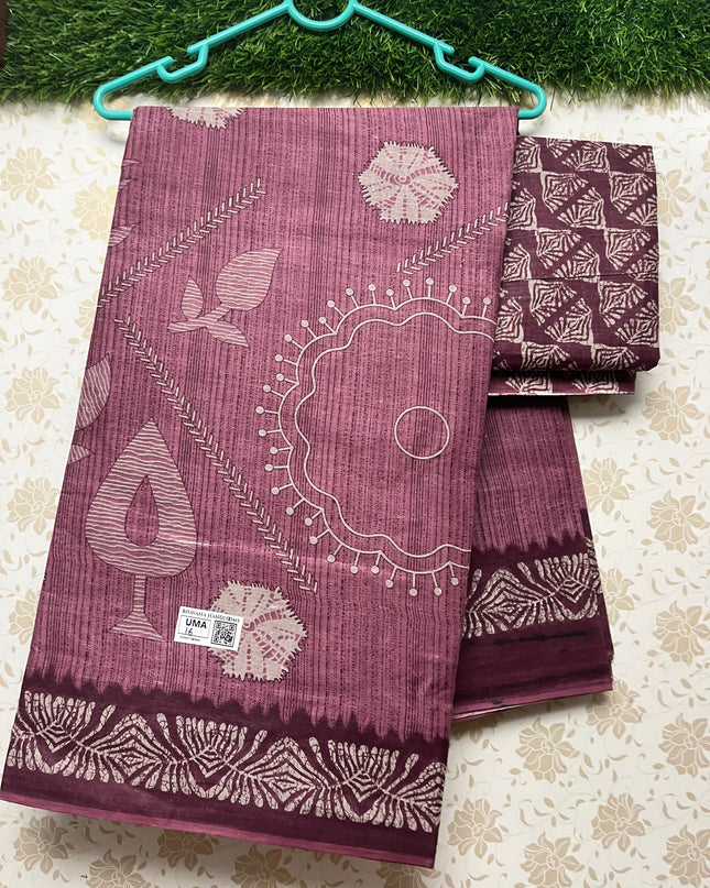 Daily Wear Printed Cotton Saree with Magenta Colour
