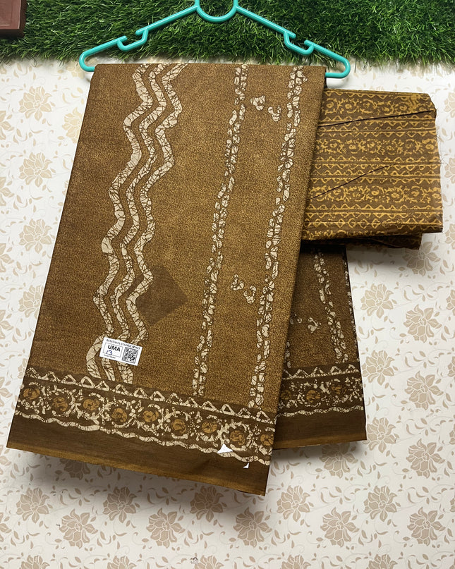 Daily Wear Printed Cotton Saree with Brown Colour