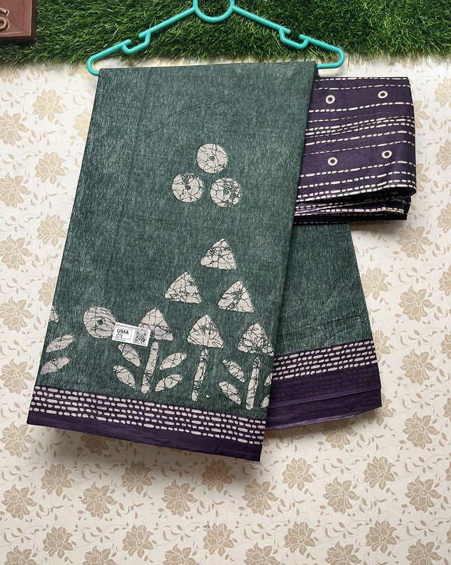 Daily Wear Printed Cotton Saree with Green Colour