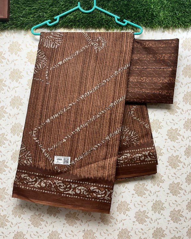 Daily Wear Printed Cotton Saree with Brown Colour