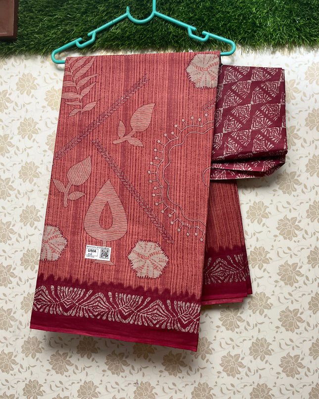 Daily Wear Printed Cotton Saree with Rust Colour