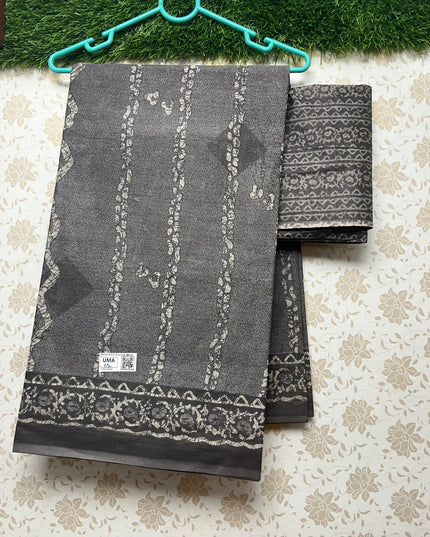 Daily Wear Printed Cotton Saree with Gray  Colour