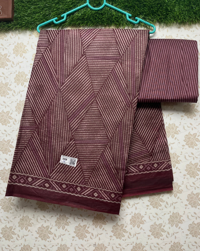 Daily Wear Printed Cotton Saree with Dark Brown Colour