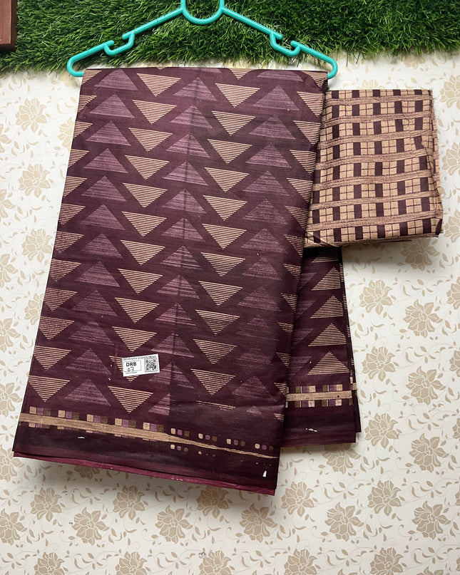 Daily Wear Printed Cotton Saree with Brown Colour