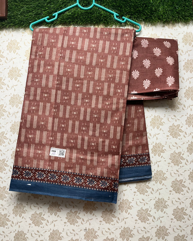 Daily Wear Printed Cotton Saree with Brown Colour