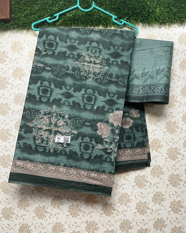 Daily Wear Printed Cotton Saree with Green Colour