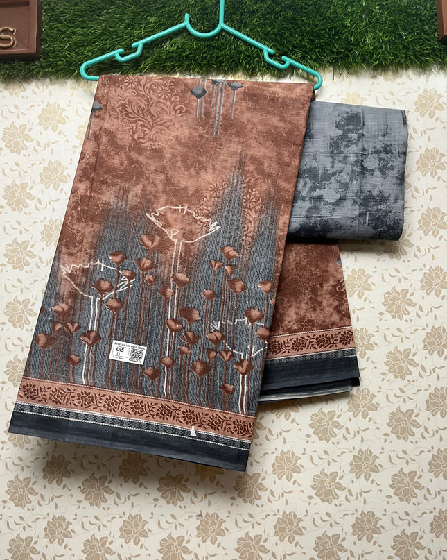 Daily Wear Printed Cotton Saree with Bronze Colour