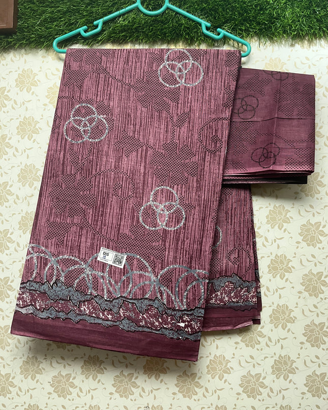Daily Wear Printed Cotton Saree with Deep Wine Colour