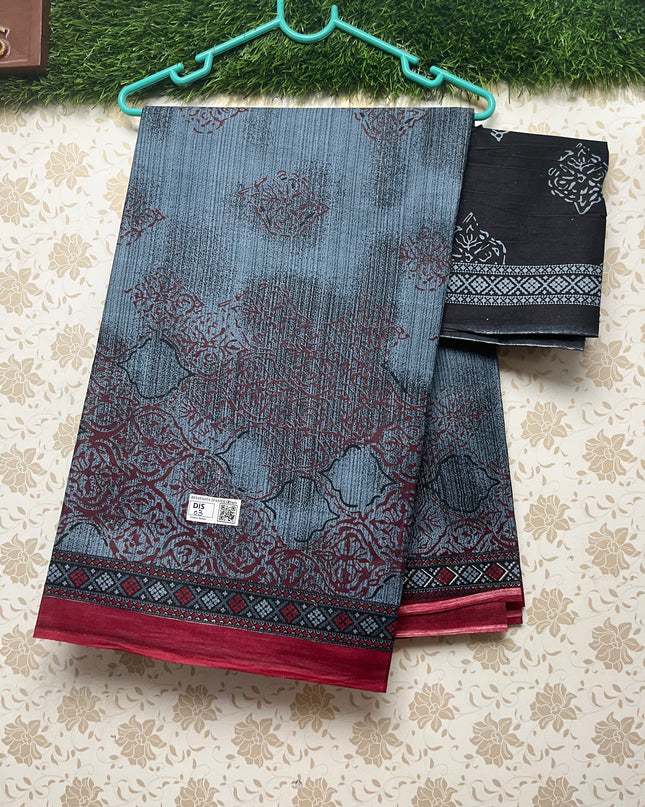 Daily Wear Printed Cotton Saree with Blue Colour