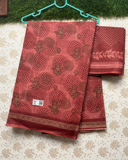Daily Wear Printed Cotton Saree with Rust Colour