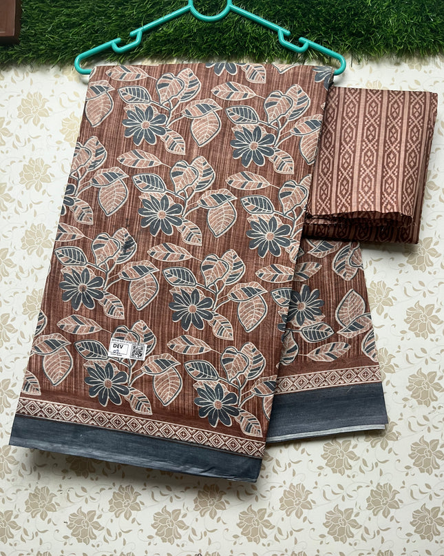 Daily Wear Printed Cotton Saree with Brown Colour