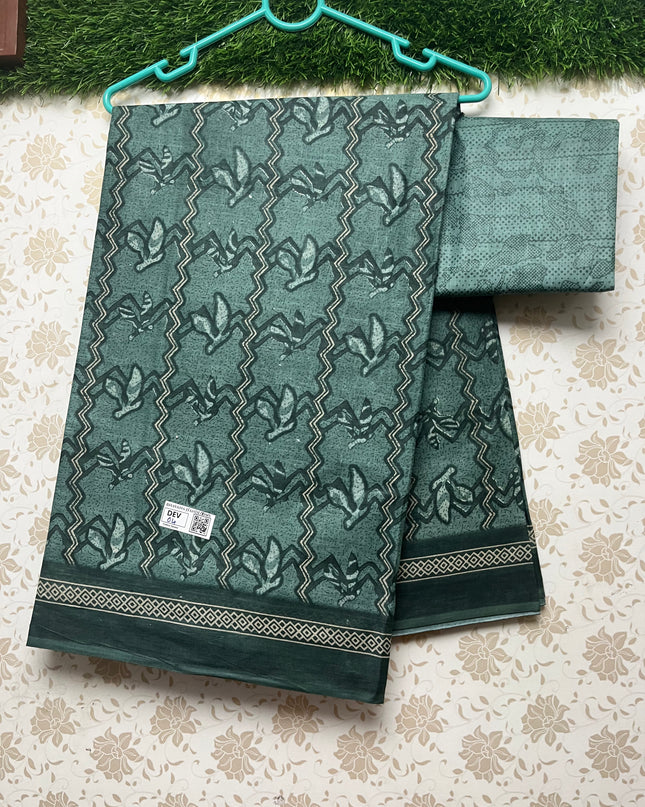 Daily Wear Printed Cotton Saree with Green Colour