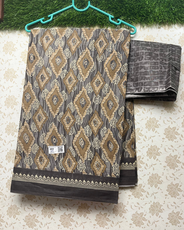Daily Wear Printed Cotton Saree with Brown Colour