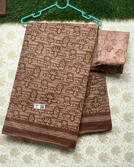 Daily Wear Printed Cotton Saree with Brown Colour