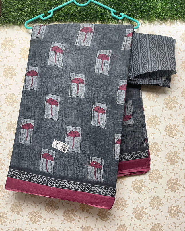 Daily Wear Printed Cotton Saree with Gray Colour