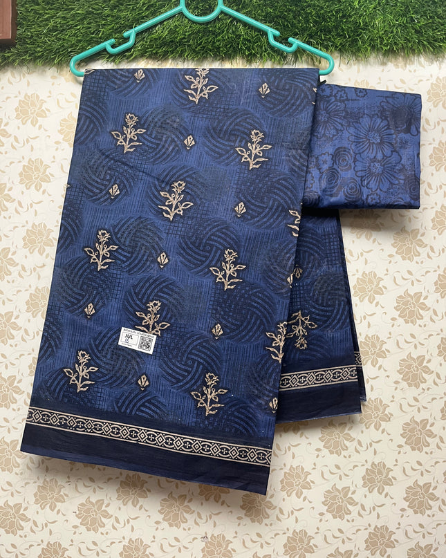 Daily Wear Printed Cotton Saree with Blue Colour